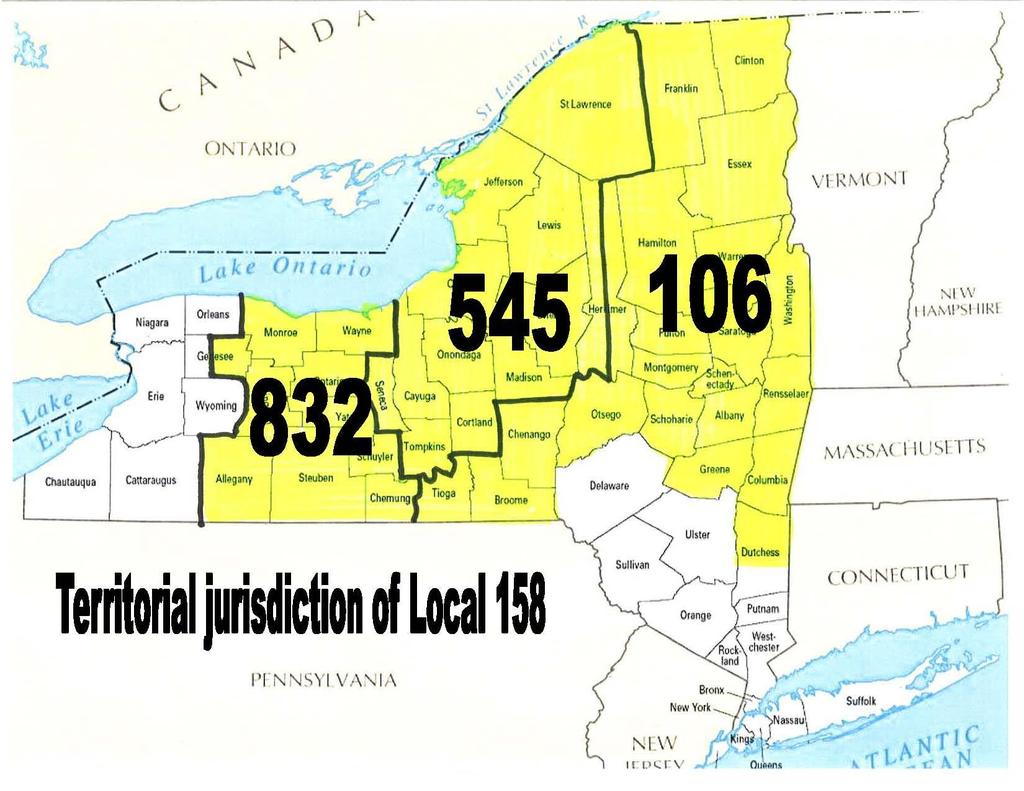 13 Local 158 Jurisdiction Upstate New York Operating Engineers, Local 158 The newly formed Local 158 consists of the jurisdictions of the former Local 106 (Albany), Local 545 (Syracuse) and Local 832