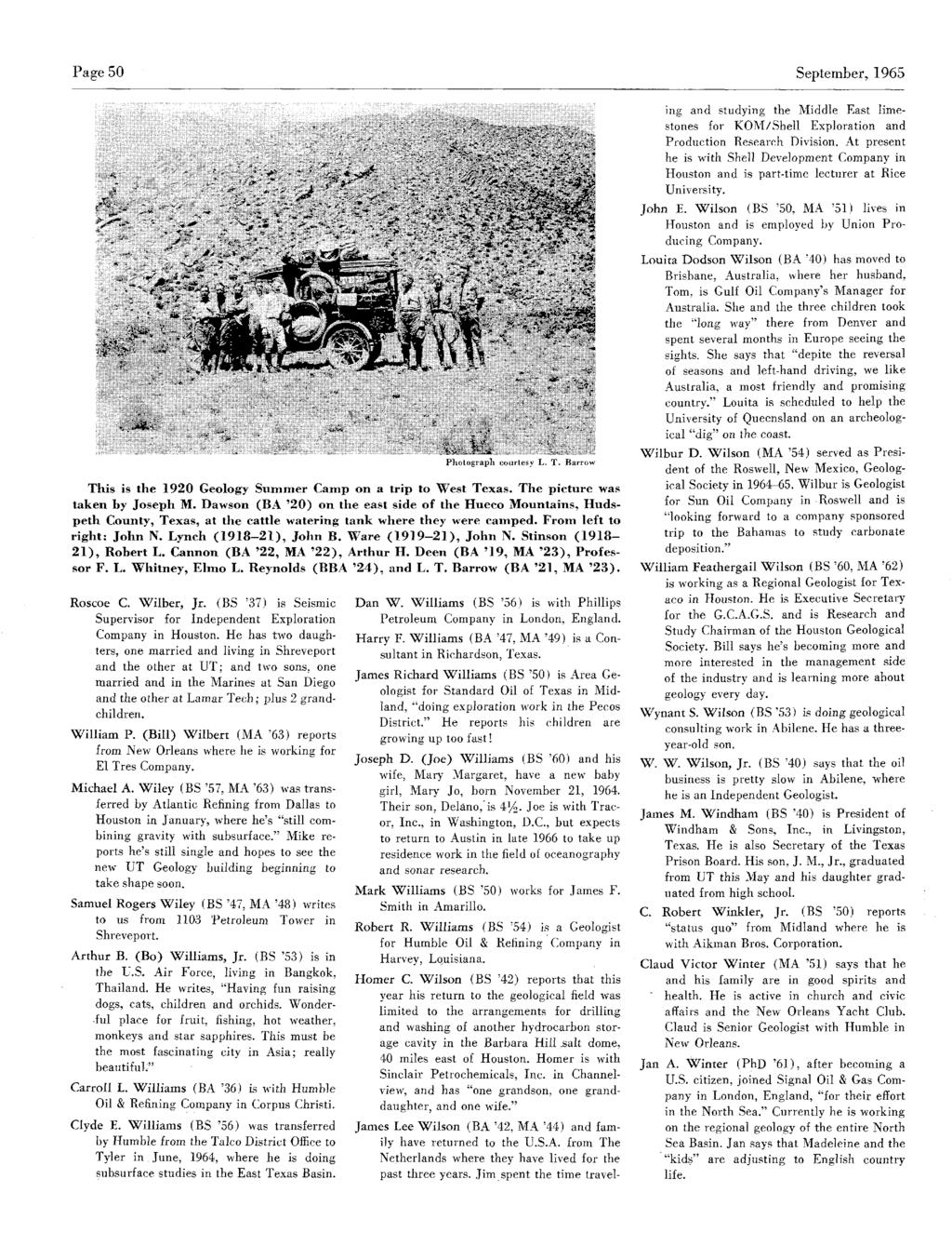 Page 50 September,1965 Photograph courtesyl T Barrow This is the 1920 Geology Summer Camp on a trip to West Texas. The picture was taken by Joseph M.