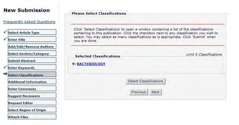 Select Classifications Authors are able to select classifications for defining the subject area of their paper from a predefined list of keywords, index terms, or subject areas created by the