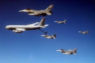Support of combat aircraft, such as these F 16s, is the primary mission of attached air refueling assets.