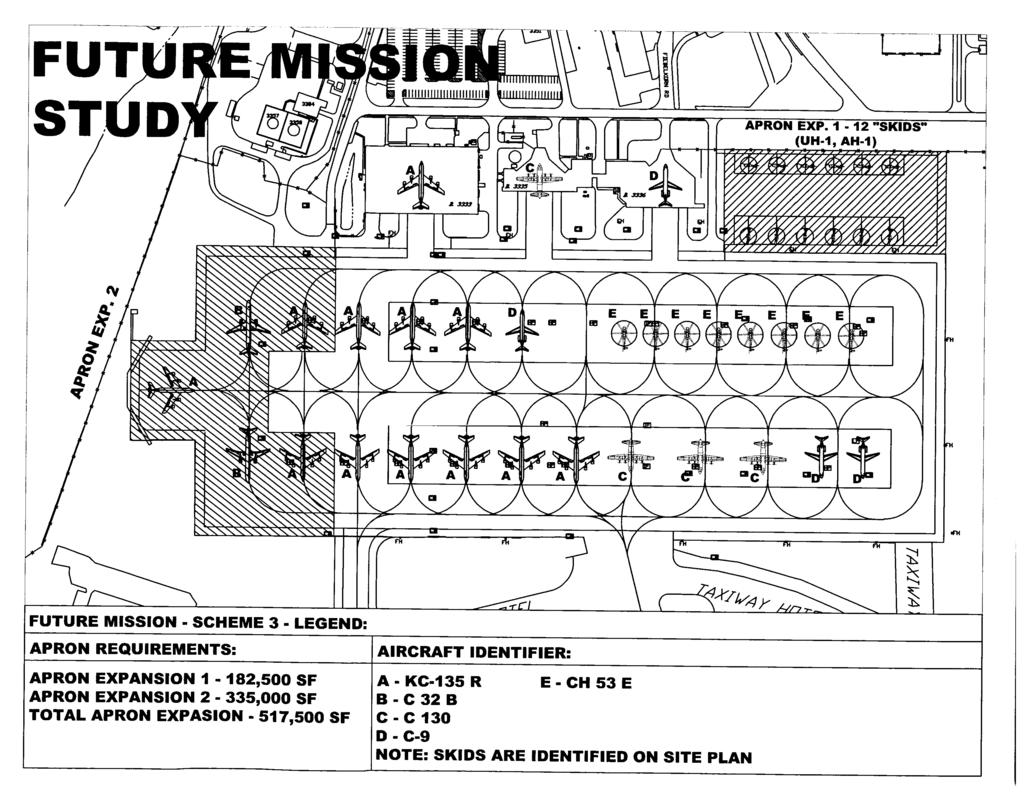 FUTURE MISSION - SCHEME 3 - LEGEND: APRON REQUIREMENTS: APRON EXPANSION I - 182,500 SF APRON EXPANSION 2-335,000 SF rotal APRON