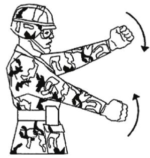 Remove chocks Arms down, fists closed, and thumbs extended outward. Swing arms outward.