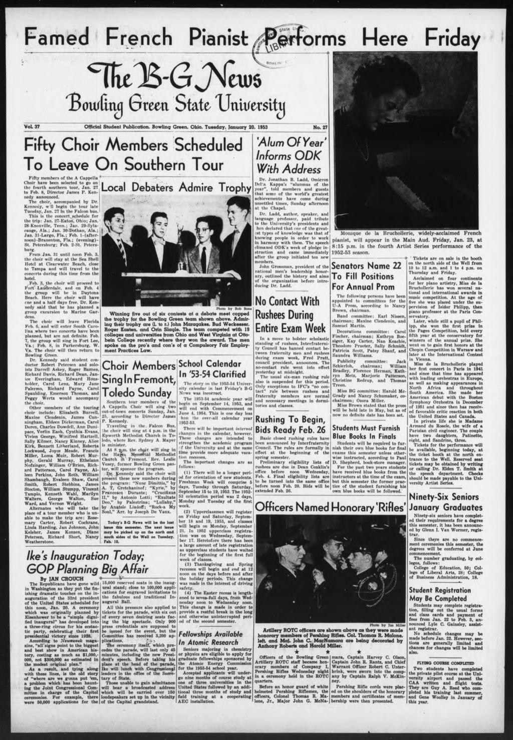 Famed French Pianist orms iwfitw Green State Utittfetsitu VoL37 Official Student Publication. Bowling Green. Ohio. Tuesday. January 20. 1953 No.