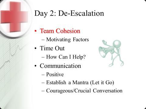 1415-1500 IS #6: Team Cohesion: Entire Group Objective Discuss team cohesion Discuss motivating factors of team cohesion on de-escalation strategy success 162 1515-1545 LA #5: Team Cohesion: Small