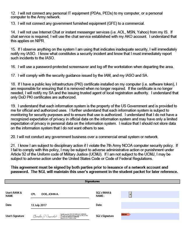 Page 2 Computer User Agreement Must have rank and name (LAST, FIRST MI. ) and date.