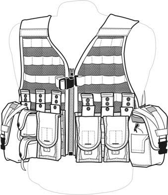 Fighting Load Carrier (FLC) Note: First Aid Pouch Note: Green Ammo Carrier The nylon mesh vest has removable pockets to accommodate different carrying needs and is one of the main components of the