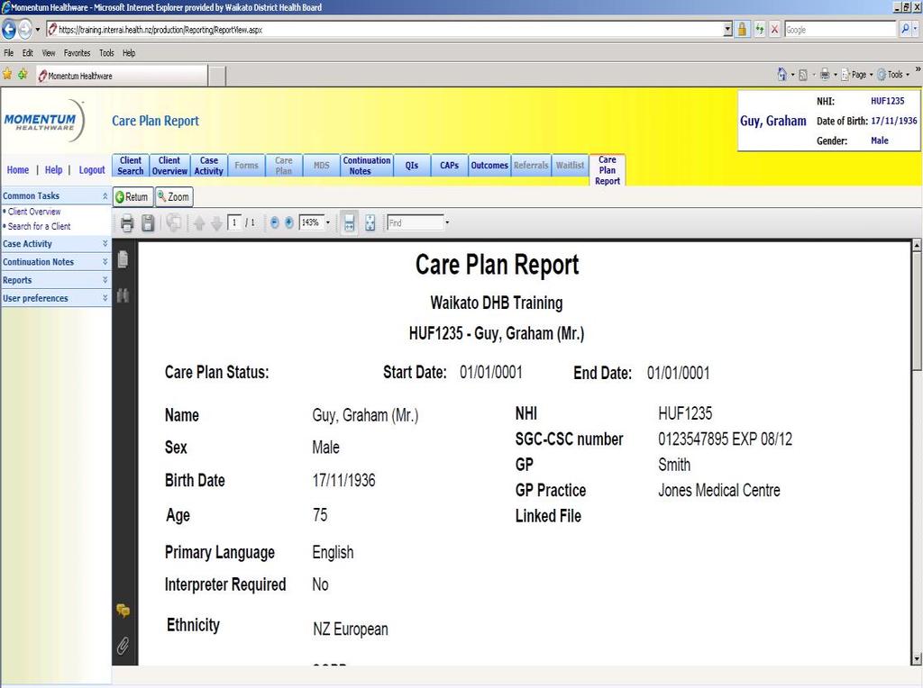 Step 10 Click on Care Plan Report on the left, this will turn