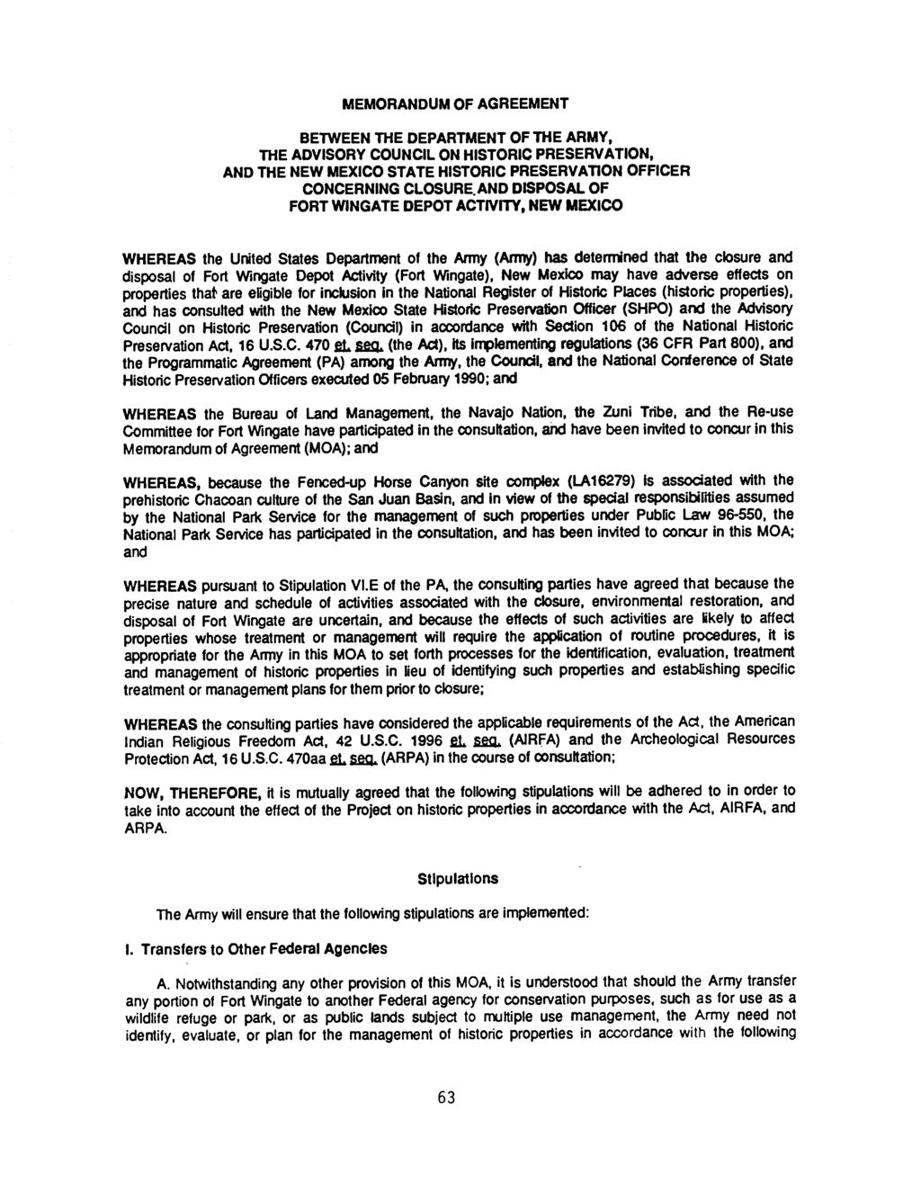 MEMORANDUM OF AGREEMENT BETWEEN THE DEPARTMENT OF THE ARMY, THE ADVISORY COUNCIL ON HISTORIC PRESERVATION, AND THE NEW MEXICO STATE HISTORIC PRESERVATION OFFICER CONCERNING CLOSURE, AND DISPOSAL OF