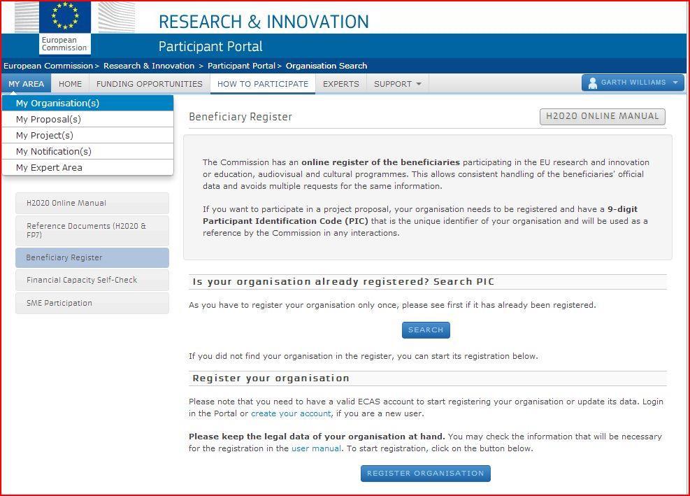 H2020 Guide for US researchers / Chapter II 2.2.2.2 Registering an Organization (Legal Entity) 2.2.2.2.1 Participant Information Code (PIC) https://ec.europa.