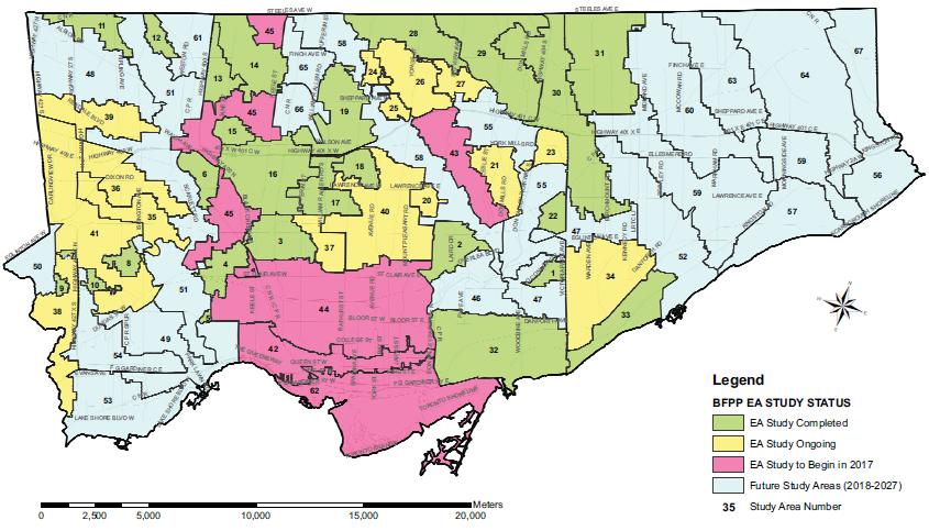 Map 2: Basement Flooding Protection Program Environmental Assessment Study Status by Ward (2017) Note: Completion of environmental assessments are prioritized based on past flooding experiences.