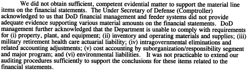 We attempted to audit the accompanying Consolidated Balance Sheet of the Department of Defense as of September 30, 200 1, and the related Consolidated Statements of Net Cost and Changes in Net