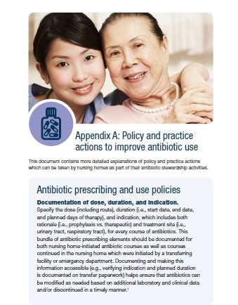 Actions Implement at least one policy or practice to improve antibiotic use: Policy Documentation of prescribing elements Developing evidence-based management algorithms for common infections