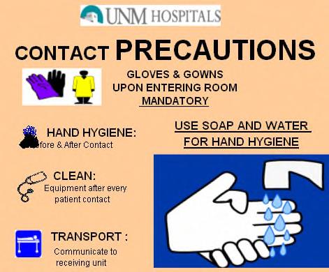 The following are examples of the Contact Precaution signs and the bacteria associated with them: This green Contact Precautions sign is for MRSA (Methicillin Resistant Staphylococcus aureus), VRE