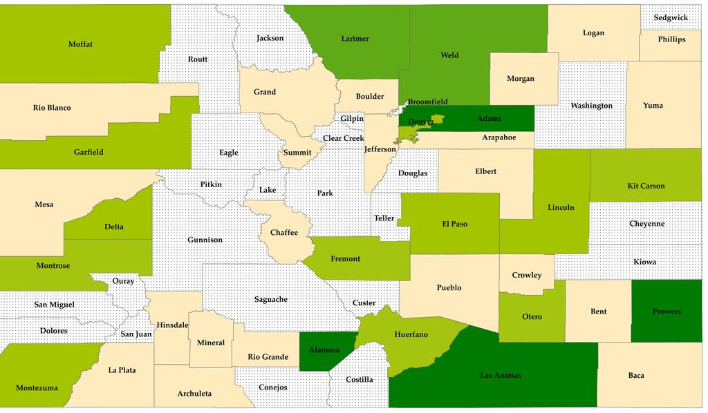 Colorado Provider Recruitment: placements, 2005-2015 Total Placements per County 0 1-3 4-6 7-9 10< 0 25 50 miles Data Source Information: Site Data was collected and geocoded by Colorado Rural Health