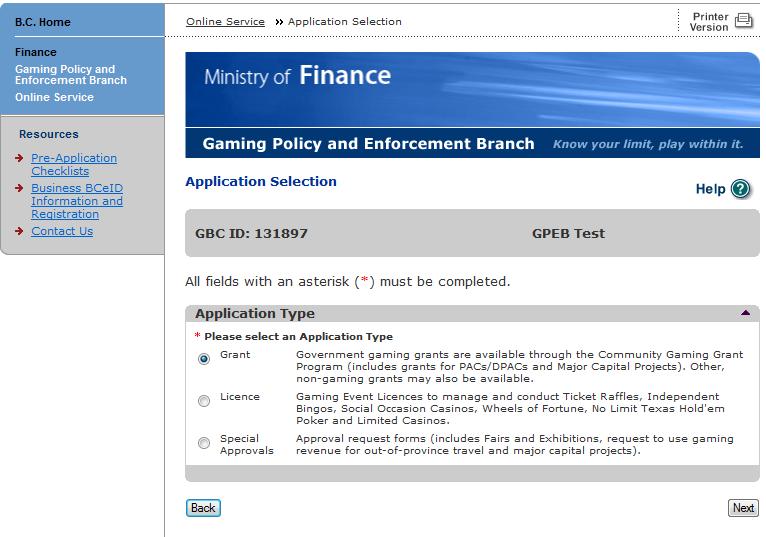7. Select Grant application type then click the