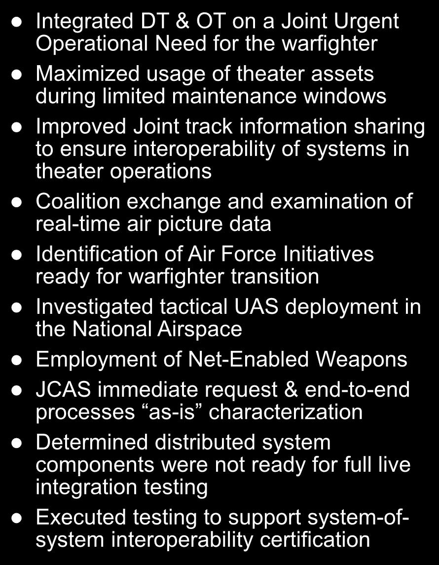 Operational Need for the warfighter Maximized usage of theater assets during limited maintenance windows Improved Joint track information sharing to ensure interoperability of systems in theater