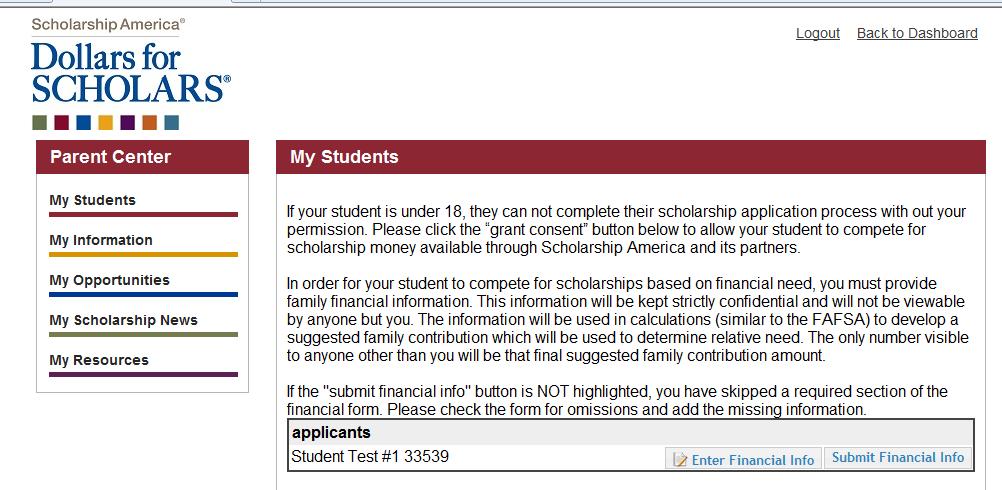 Parent View Click submit financial info to
