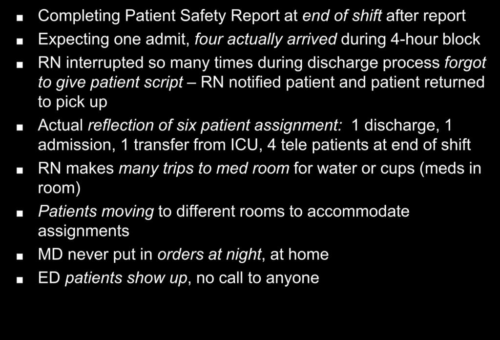 Observations Completing Patient Safety Report at end of shift after report Expecting one admit, four actually arrived during 4-hour block RN interrupted so many times during discharge process forgot