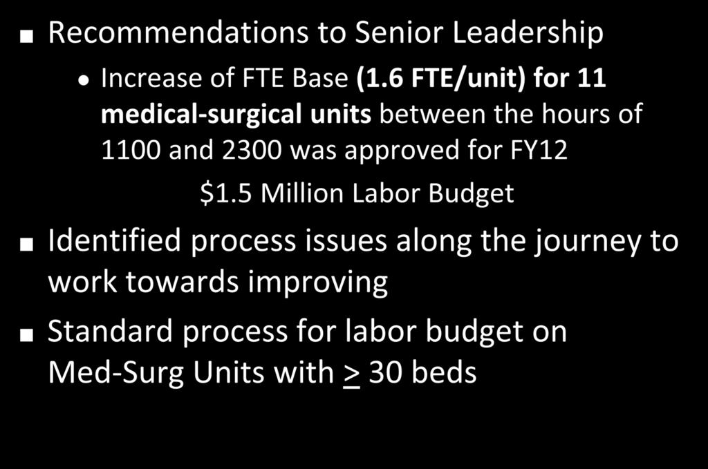 Outcomes Recommendations to Senior Leadership Increase of FTE Base (1.