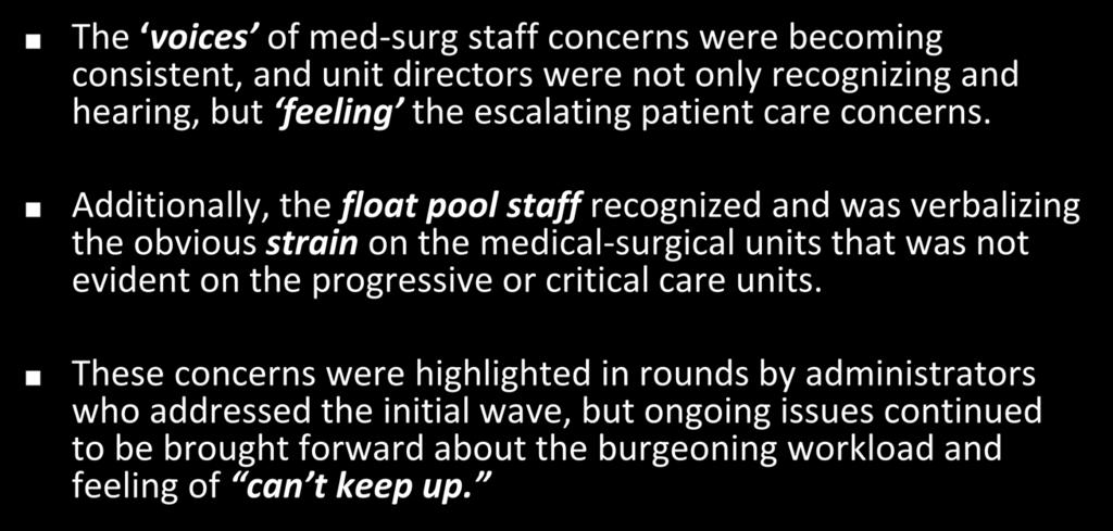 Background The voices of med-surg staff concerns were becoming consistent, and unit directors were not only recognizing and hearing, but feeling the escalating patient care concerns.
