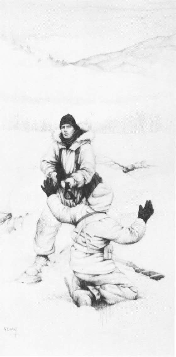Marine in white parka and snowshoes from 4th MAB's Regimental Landing eam 2, during an action fought three