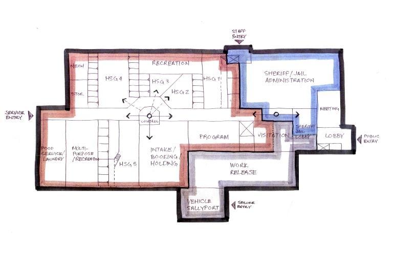 Justice Center Main Level Floor Plan The space for the jail is on a single level, but 2 stories high to allow for stacked cells controlled from a