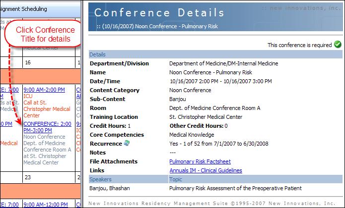 View Conference Details View details of a conference by clicking the Title Link on the schedule The Conference