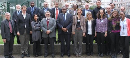 Prof. Ken Geiser, left, front, with Rachel Massey, third from the right, worked with members of a steering committee at the headquarters of the UN Environment Programme in Geneva to develop a