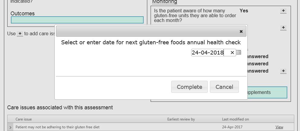 Gluten-free annual health check not completed in pharmacy checkbox Reason not completed in pharmacy dropdown menu (only displayed if checkbox selected) The date of the next gluten-free foods annual