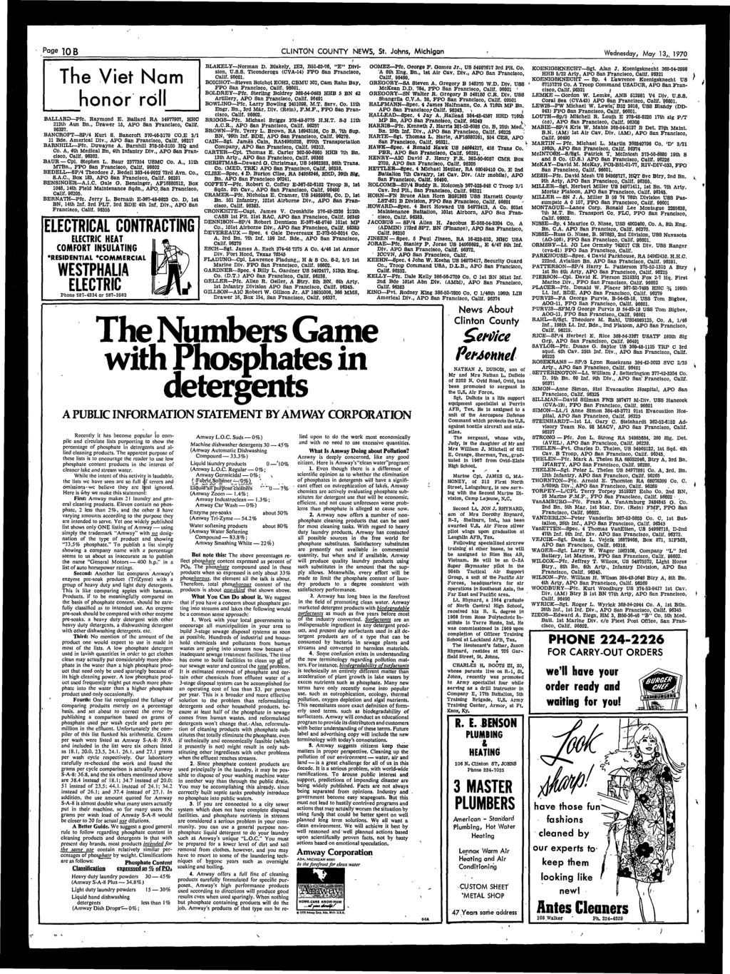 Page B CLINTON COUNTY NEWS, St. Johns, Michigan Wednesday, May, v 1970 The Viet Nam h onor ro BALLARD Pfc, Raymond E. Ballard RA 54977907, HHO 212th Aun Bn., Drawer 15, APO San Francisco, Calif.
