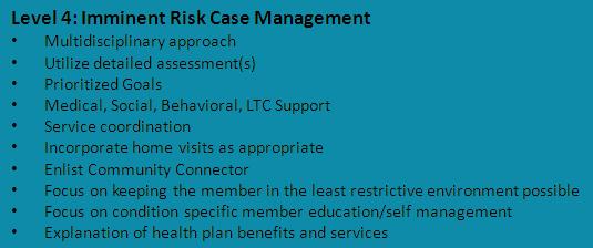 Care Management Design Level 4 Imminent Risk Level 4 focuses on members at imminent risk of an emergency department visit, an inpatient admission, or institutionalization, and offers additional high