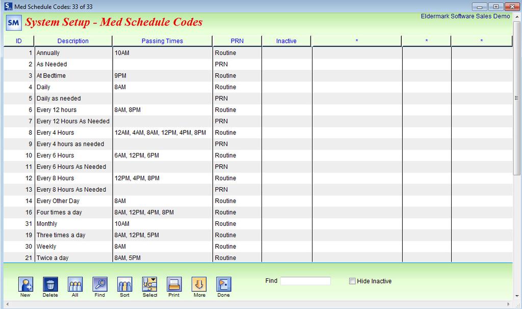 Medication Schedule Codes: Note these should be setup AFTER you set up Unit Stations. To access, click on File Setup Med Schedule Codes.
