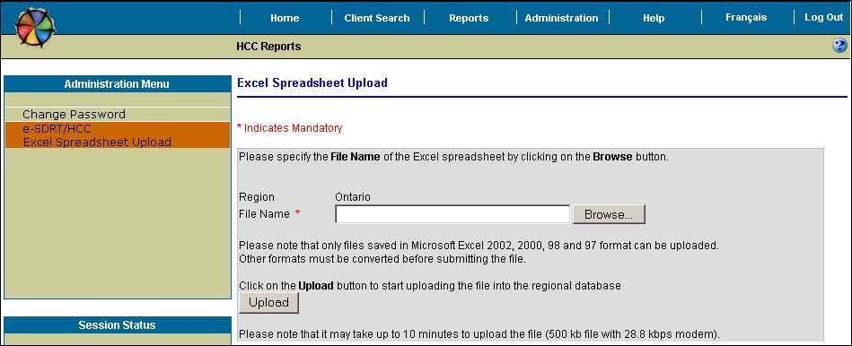 e-sdrt User Guide, Update April 2014 3. In the Administration menu at the left of the screen, click e-sdrt Excel Spreadsheet Upload. The Excel Spreadsheet Upload screen will be displayed. 4.
