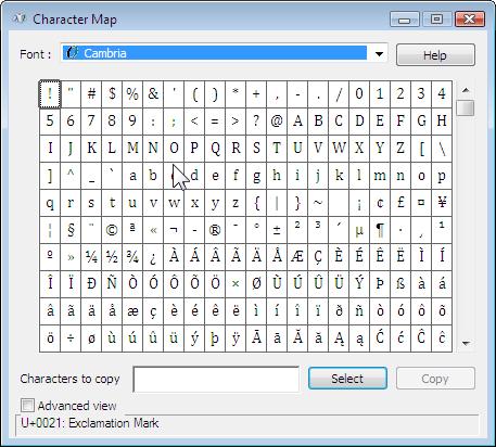IMPORTING YOUR REPORTS INTO EXCEL FOR USER CUSTOMIZING APPENDIX I 3. A window should open which displays a series of characters in a grid as in the image below. Locate tile.