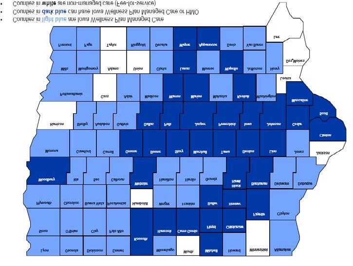 Figure -. Iowa Wellness Plan Managed Care Map, June 0. Covered Services IowaCare members had a limited benefit program and the transition to the IHAWP will have broadened their health care coverage.