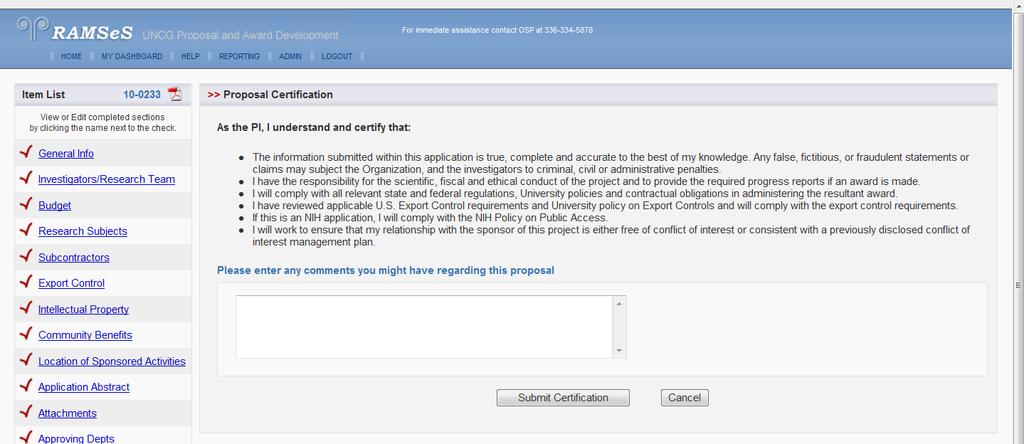 Each PI listed will follow this procedure to sign the proposal. Figure 22 Submission screen no.