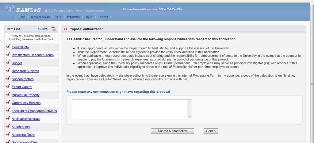 Figure 23 Authorization screen seen by Deans and Department Heads The authorization of each party required to approve the