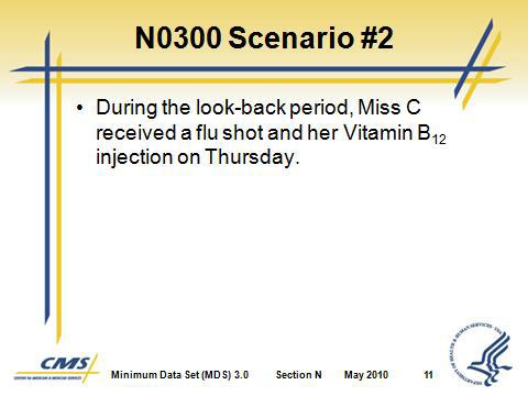 G. N0300 Scenario #2 1. During the 7-day look-back period, Miss C. received both an influenza shot and her vitamin B12 injection on Thursday. Slide 11 Slide 12 Slide 13 2. N0300 Scenario #2 Coding a.