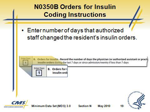 Section N Medications Slide 18 Slide 19 G. N0350B Assessment Guidelines 1. Remember that N0350B documents the number of times that a resident s insulin orders were changed during the lookback 2.