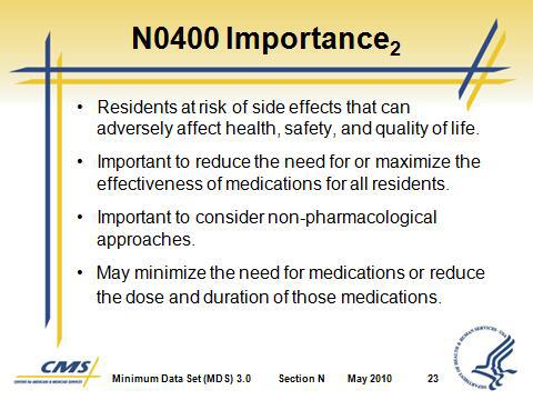 Section N Medications Slide 23 3. Residents taking medications in these drug classes are at risk of side effects that can adversely affect health, safety, and quality of life. 4.