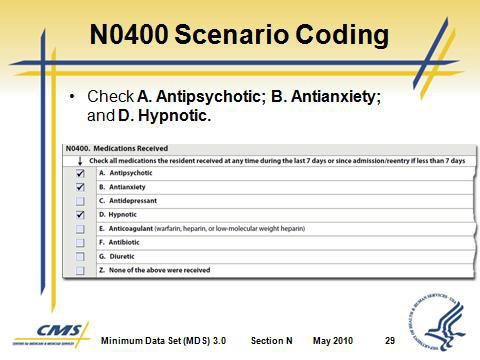 Slide 27 Slide 28 Slide 29 F. N0400 Coding Instructions 1. Check all medications received by the resident during the lookback 2.
