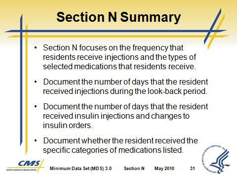 Section N Medications Note: If a resident is receiving drugs in all of these three classes simultaneously, there must be a clear clinical indication for the use of these drugs.