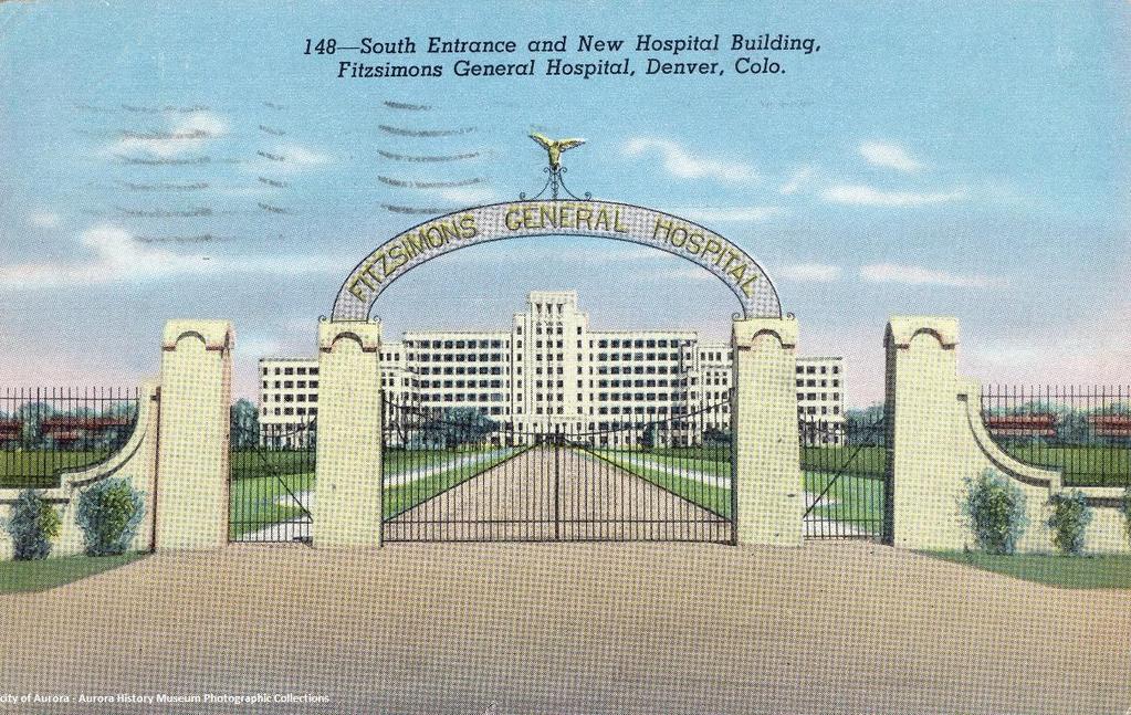 Postcard featuring south entrance of Fitzsimons General Hospital P.