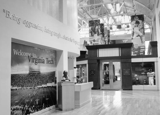 the new Hall of Legends, which is a showcase of Virginia Tech football; spacious offices for Coach Frank Beamer and his top assistant, John Ballein; the video department, complete with brand new,