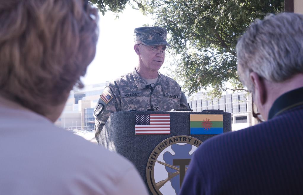 Photo by Sgt. Ian M. Kummer Col. Jeffrey Holliday, commander of the 40th Combat Aviation Brigade, conducts a press conference during Warfighter 15-05 at Fort Hood, Texas, June 10.