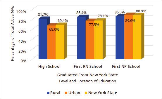 The majority of NPs grew up in New York State that is, they graduated from a high school in New York (69%).