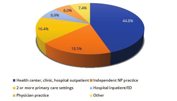 About 45% of psychiatric NPs work in health centers, clinics, or hospital outpatient settings, while about 19% work in independent NP practices (Figure 13). Figure 13.
