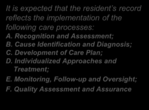 CMS & Approach to Care Process It is expected that the resident s record reflects the implementation of the following care processes: A. Recognition and Assessment; B.
