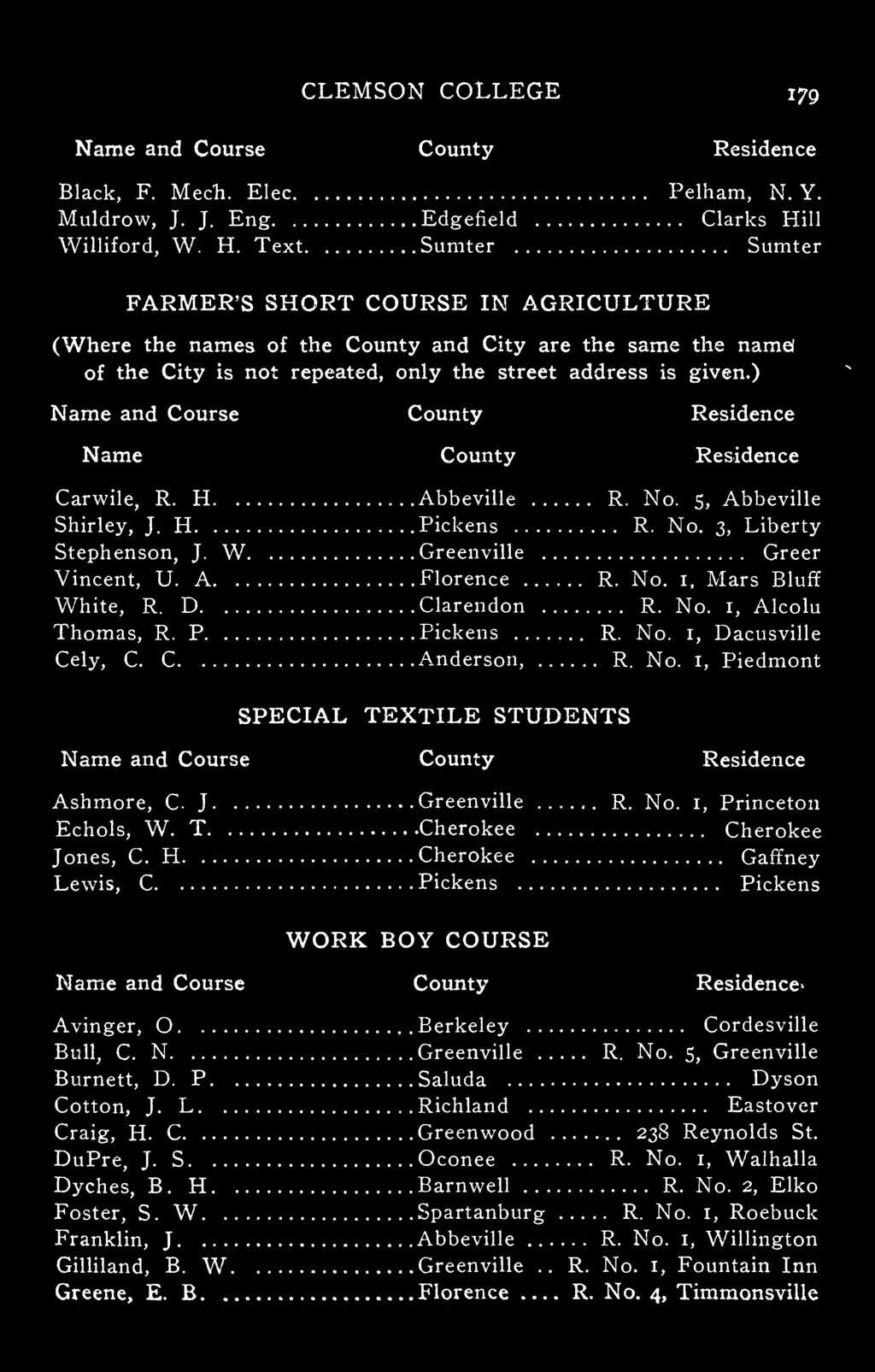 Text Sumter Sumter FARMER'S SHORT COURSE IN AGRICULTURE (Where the names of the County and City are the same the namel of the City is not repeated, only the street address is given.
