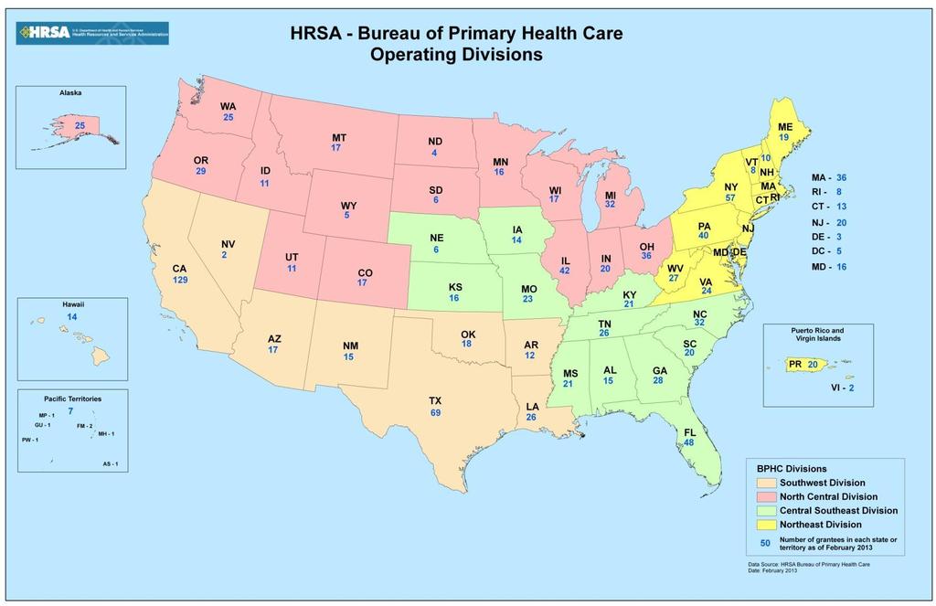BPHC Organizational Structure: Primary Health Care Divisions Southwest Division North Central Division Central Southeast Division Northeast Division Data as of February 2013 Regions 6 &
